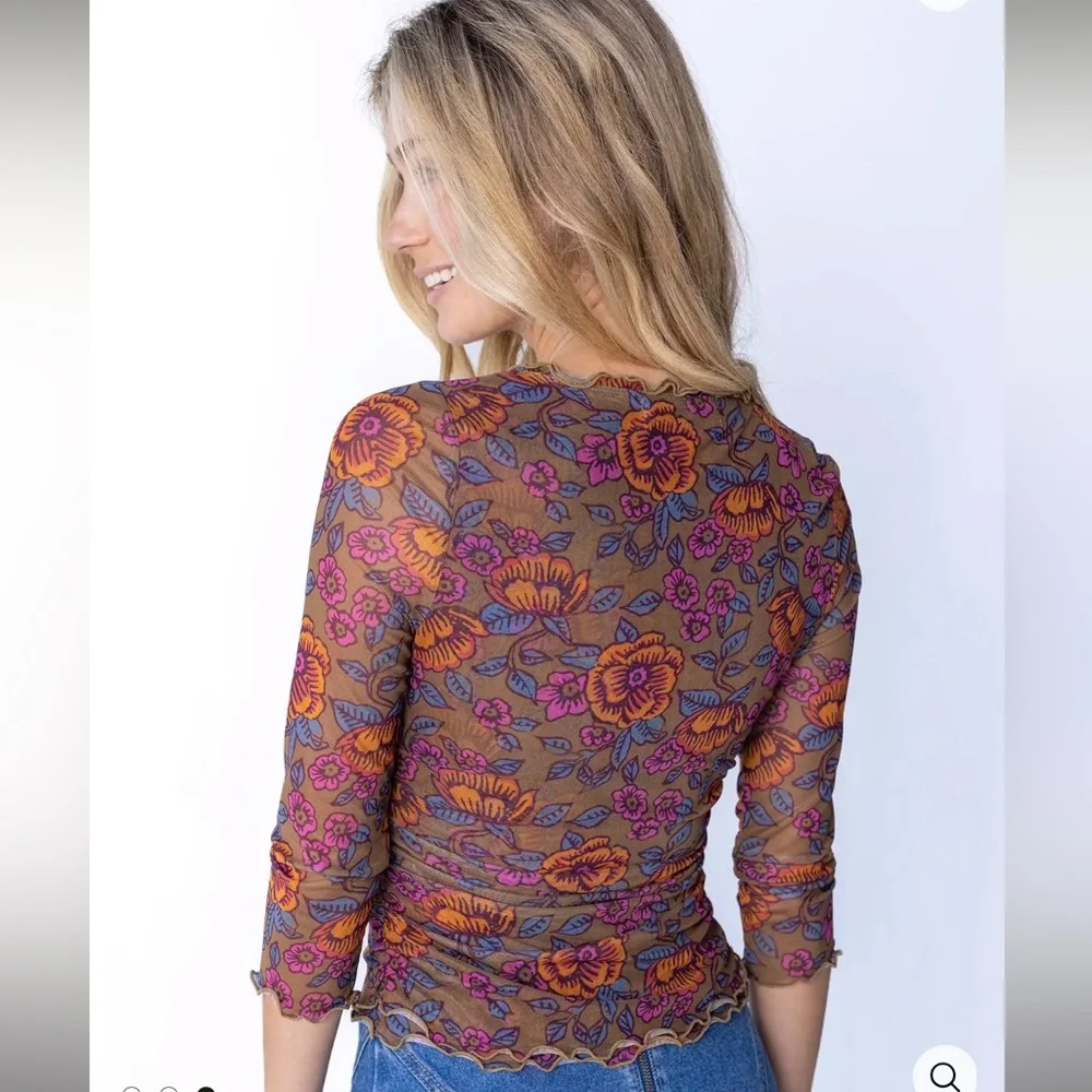 Natural Life Florence Mesh Top in Woodcut Floral Bronze - Picture 2 of 8